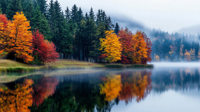 Colorful autumn trees reflect in calm lake surrounded by misty mountains and dense forest during early morning light in a serene natural landscape