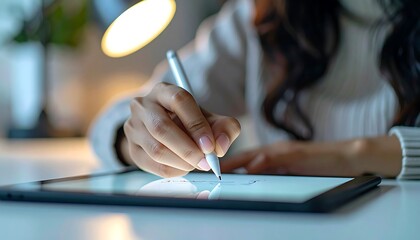 Digital Art Creation Woman's Hand Drawing on Tablet with Stylus Under Warm Light. Creative Digital Art Professional at Work.