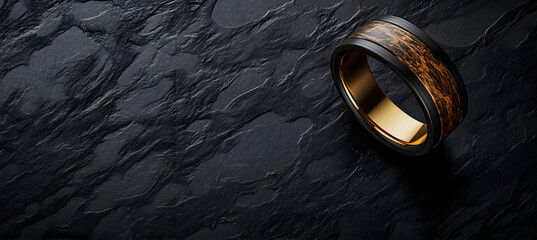 Macro photography of a wedding ring with a dark onyx stone and shiny gold band displayed on a sleek black background in a clean minimalist style

