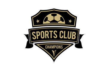 Sports football club logo design, shield and ribbon banner shape, featuring a soccer ball and the words 'Sports Club' and 'Champions'.