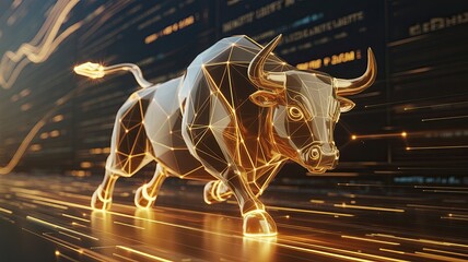 A geometric bull figure in motion, representing strength and growth, set against a dynamic financial-themed background with glowing lines.