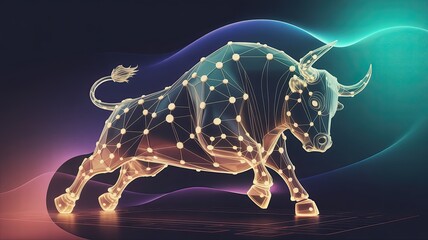 Digital illustration of a geometric bull symbolizing strength and financial markets, set against a colorful abstract background.