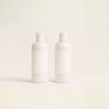 Two cosmetic bottle mockups with blank labels, isolated on white background, perfect for shampoo, conditioner, lotion or personal care product branding and packaging design presentation

