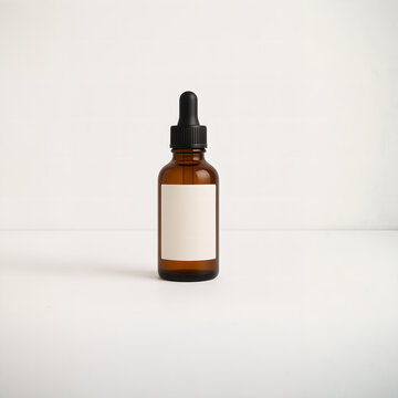 Amber glass dropper bottle mockup with blank label, isolated on white background, perfect for cosmetic serum, essential oil, or skincare product branding and packaging design

