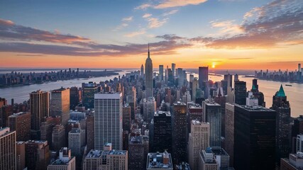 Breathtaking Aerial View of Lower Manhattan Skyline and Famous Skyscrapers at Sunset - Powered by Adobe