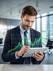 A businessman analyzing data trends on a tablet in a modern office setting, showcasing financial growth represented by a graph.