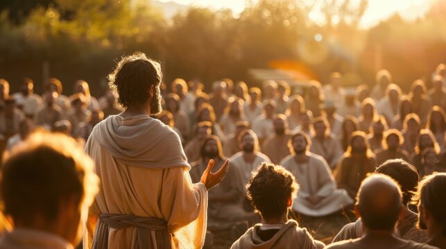 Jesus Preaching to a Large Crowd in a Peaceful Open Air Setting