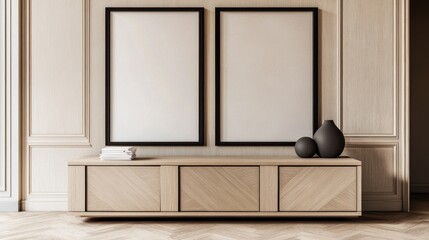Elegant Interior Design Mockup with Wooden Cabinet and Blank Frames