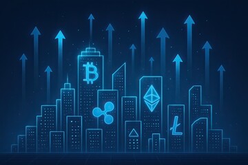 A futuristic city skyline with glowing cryptocurrency symbols and upward arrows, symbolizing growth and innovation in digital finance.