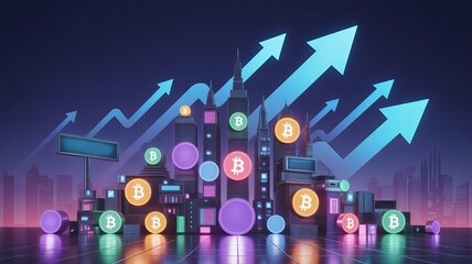 Futuristic cityscape depicting cryptocurrency symbols with upward arrows, symbolizing growth and innovation in finance and technology.