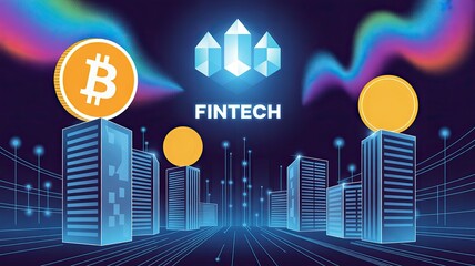 Futuristic cityscape featuring Bitcoin symbols and the word "FINTECH" against a vibrant, colorful background.