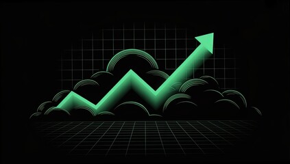 Stylized graphic of a rising arrow emerging from clouds, symbolizing growth and success in a digital landscape.