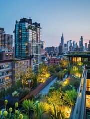 A serene cityscape view in the evening featuring a lush rooftop garden, offering an urban oasis, with modern architecture. The buildings provide a tranquil escape in a busy city