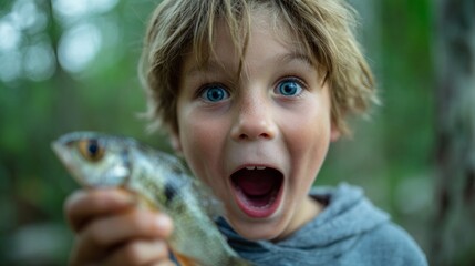 Excited young boy holding caught fish while smiling outdoors in nature  