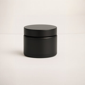 Matte black cosmetic jar mockup with blank label, isolated on light background, perfect for skincare, grooming, or beauty product packaging and branding design presentations

