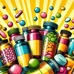 Fotobehang Colorful vitamin bottles on bright yellow pop-art style background © Svitlana