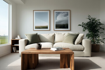Modern minimalist living room with neutral beige sofa, wooden coffee table and framed wall art