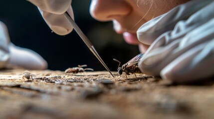 Detailed entomological study reveals an insect being closely examined with scientific precision and focus under controlled laboratory conditions at close proximity.