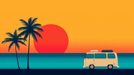 Retro sunset beach with camper van and palm trees silhouette