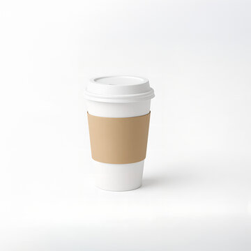 Paper coffee cup mockup with kraft sleeve and plastic lid, isolated on white background, perfect for branding, logo presentation, or packaging design showcase

