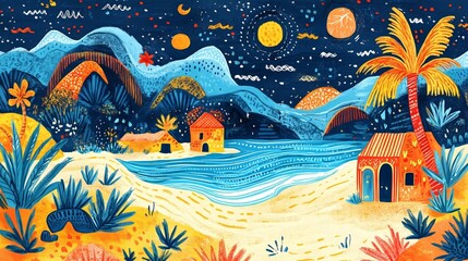 Vibrant tropical nightscape with colorful huts and lush nature under starry sky