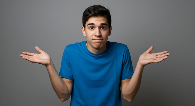 Young male in a blue t-shirt displays a confused expression with hands up in the air against a gray background. Student expressing uncertainty in a neutral setting.