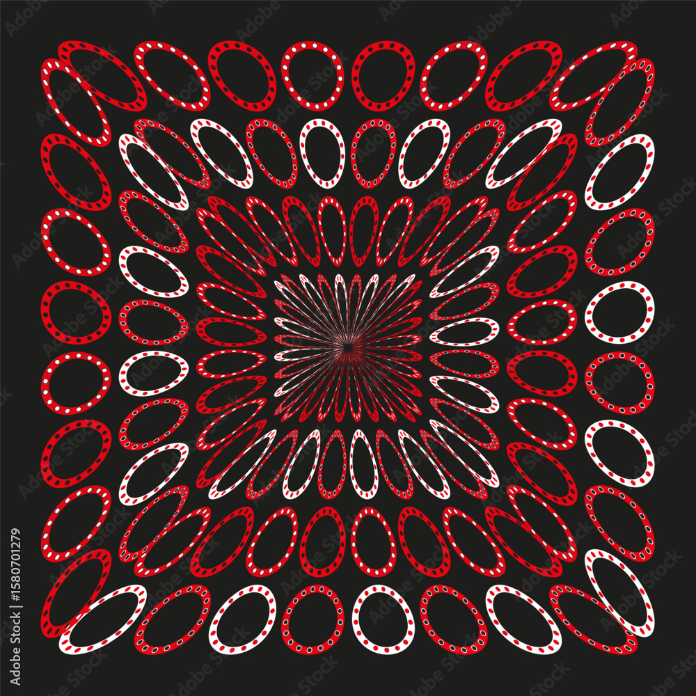 Poster optical illusion circles. red white perspective. radial vortex vector. abstract geometric pattern.