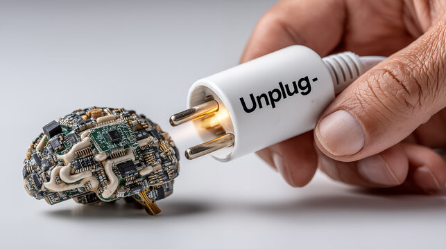Close-up of a man's hand holding a plug with the word update