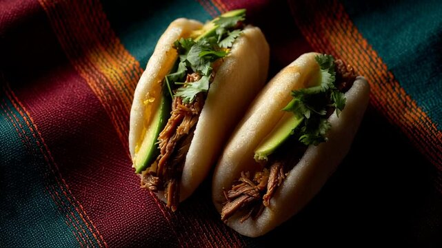 Overhead shot of Venezuelan arepas stuffed with shredded meat and fresh ingredients