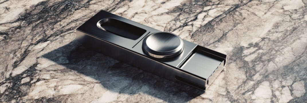 Sleek, metallic fidget toy rests on a marbled surface.  A modern design.