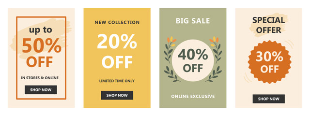 Sale banner set with discount offers. Colorful promo template for shopping. Big sale design collection.