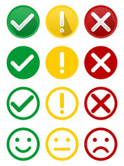 Checklist Tick Mark Warning Sign Cross Symbol and Emoji Expression Face Icons Set Vector Illustration in Circle Design Isolated on White Background Editable EPS File