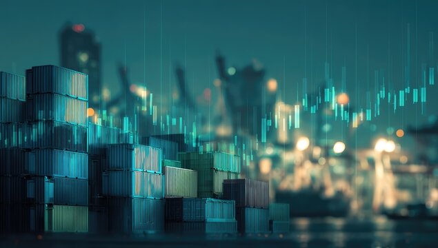Container port at night, overlaid with financial data
