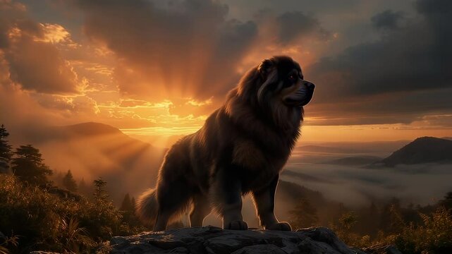 Tibetan mastiff dog silhouette at sunset