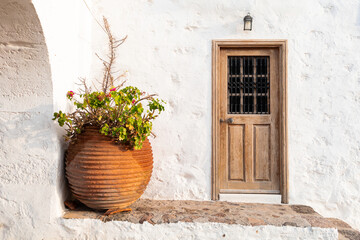Rustic wooden door with clay pot and flowers, Milos island, Greece