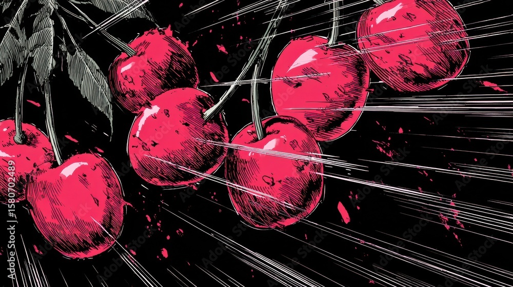 Poster graphic novel style cherries with motion lines in dynamic action on a striking black background