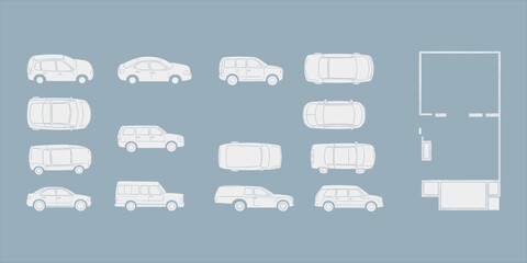 Side and top view car set, SUV and sedan blueprint vector, vehicle layout illustration, garage architecture plan, transport schematic drawing, auto CAD design pack