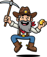 Cartoon gold miner character with pickaxe and gold nugget, happy prospector jumping, treasure hunting illustration, mining adventure concept, vintage cowboy cartoon mascot