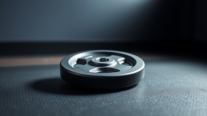 A single weight plate resting on a gym floor, showcasing metallic reflections and minimalistic design.