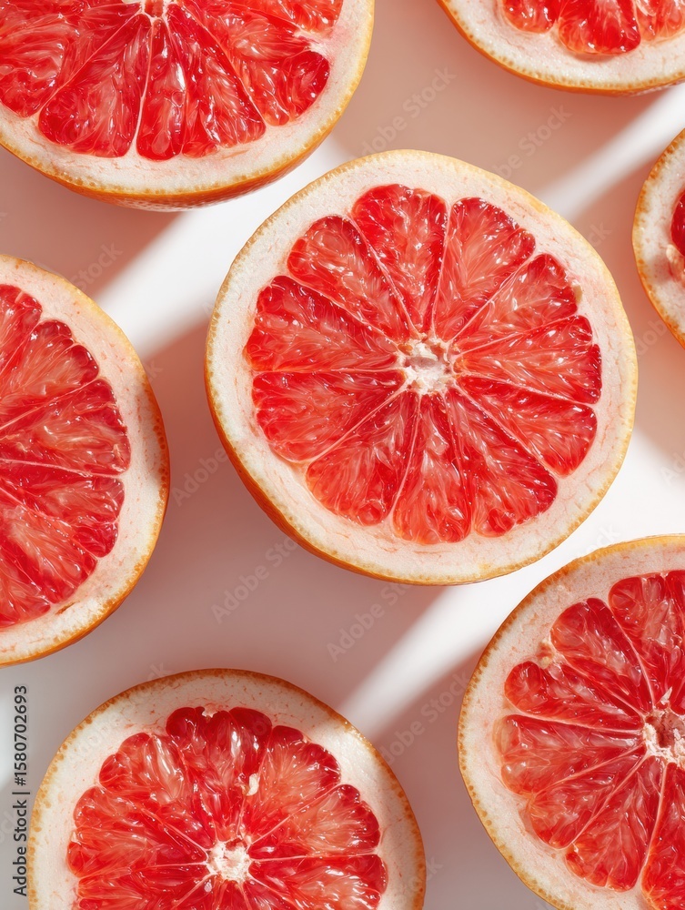 Poster bright grapefruit halves arranged in a clear layout with high-key lighting showcasing their vibrant 