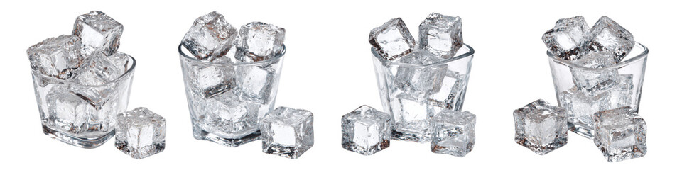 Clear Ice Cubes in Glasses with Reflections on White Background