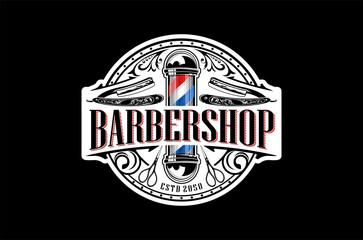 A classic barbershop logo design featuring a vintage barber pole, razors, and scissors.  Perfect for a traditional barbershop filigree ornament.