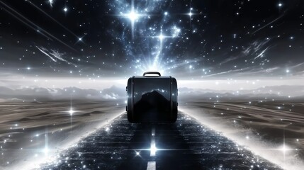 Suitcase on cosmic highway: surreal journey under a starry sky