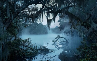 Foggy swamp landscape with cypress trees draped in Spanish moss.