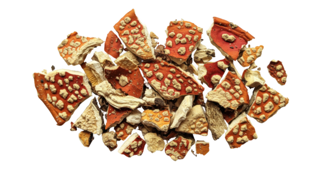 Dried sliced fly agaric mushrooms top view on transparent background