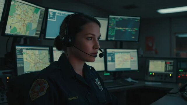 Dispatcher manages emergency calls in fire department control room with advanced technology - Powered by Adobe