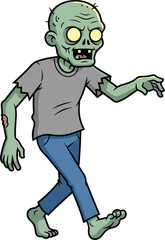 Cartoon zombie character walking, creepy undead monster, horror Halloween illustration, infected scary creature, spooky apocalypse survivor, green skin, animated horror figure, undead male