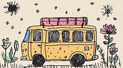 Whimsical yellow bus with luggage in doodled nature scene