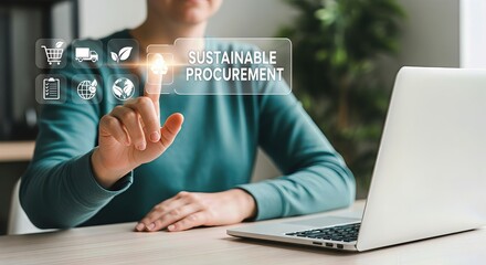 A person in a teal sweater touches a digital screen displaying sustainable procurement icons and text, with a laptop nearby