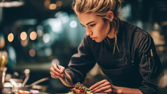 Culinary Artist: An elegant female chef focuses on the meticulous arrangement of a gourmet dish within the warm ambiance of a professional kitchen. Capturing the dedication of chef